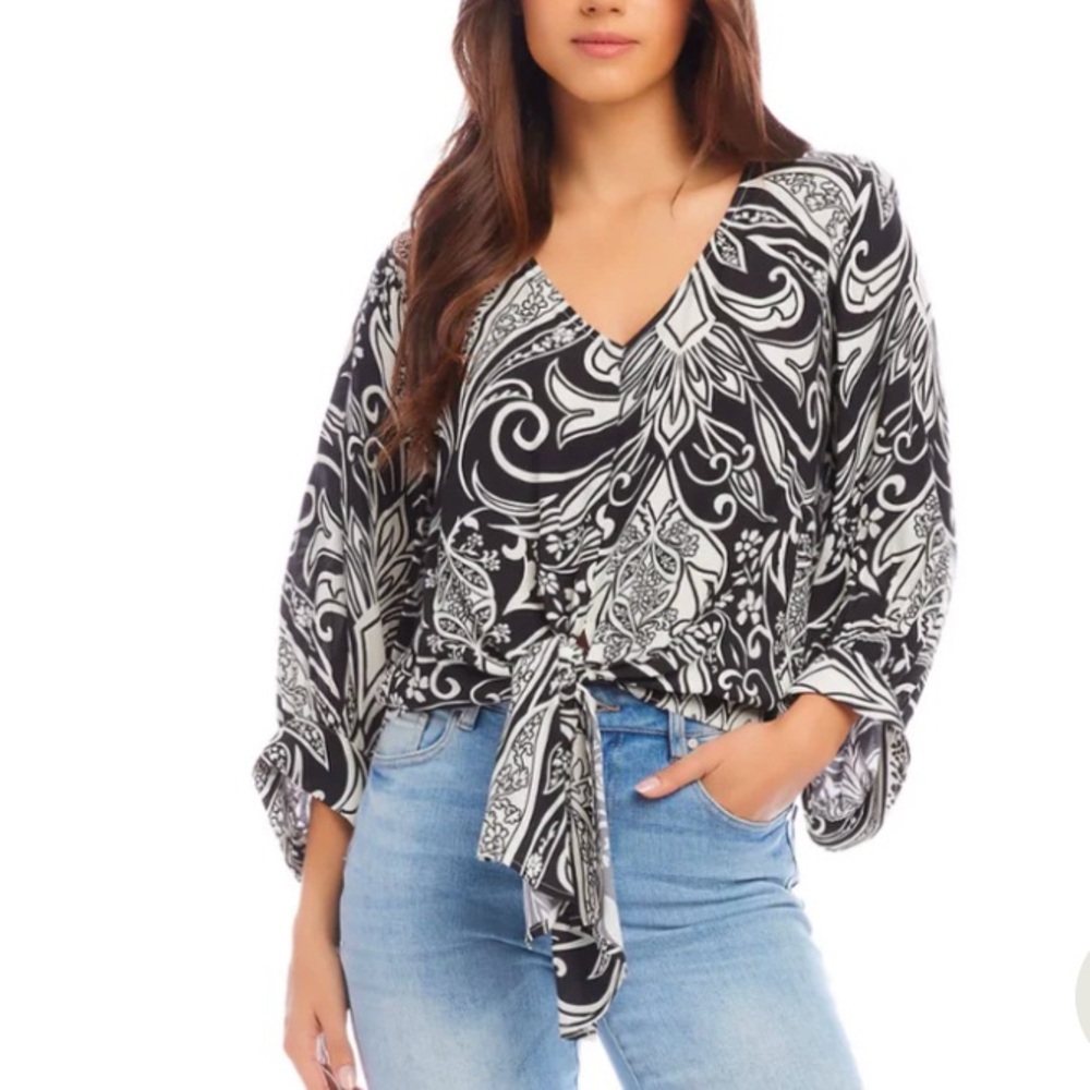 NWT Karen Kane Black and White Paisley Blouson Sleeve Tie Front Blouse